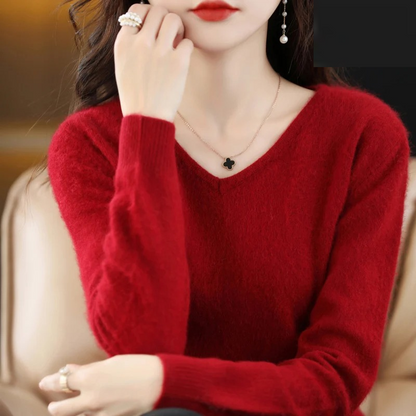 Damen Pullover V-Ausschnitt Weich Leichter Strick