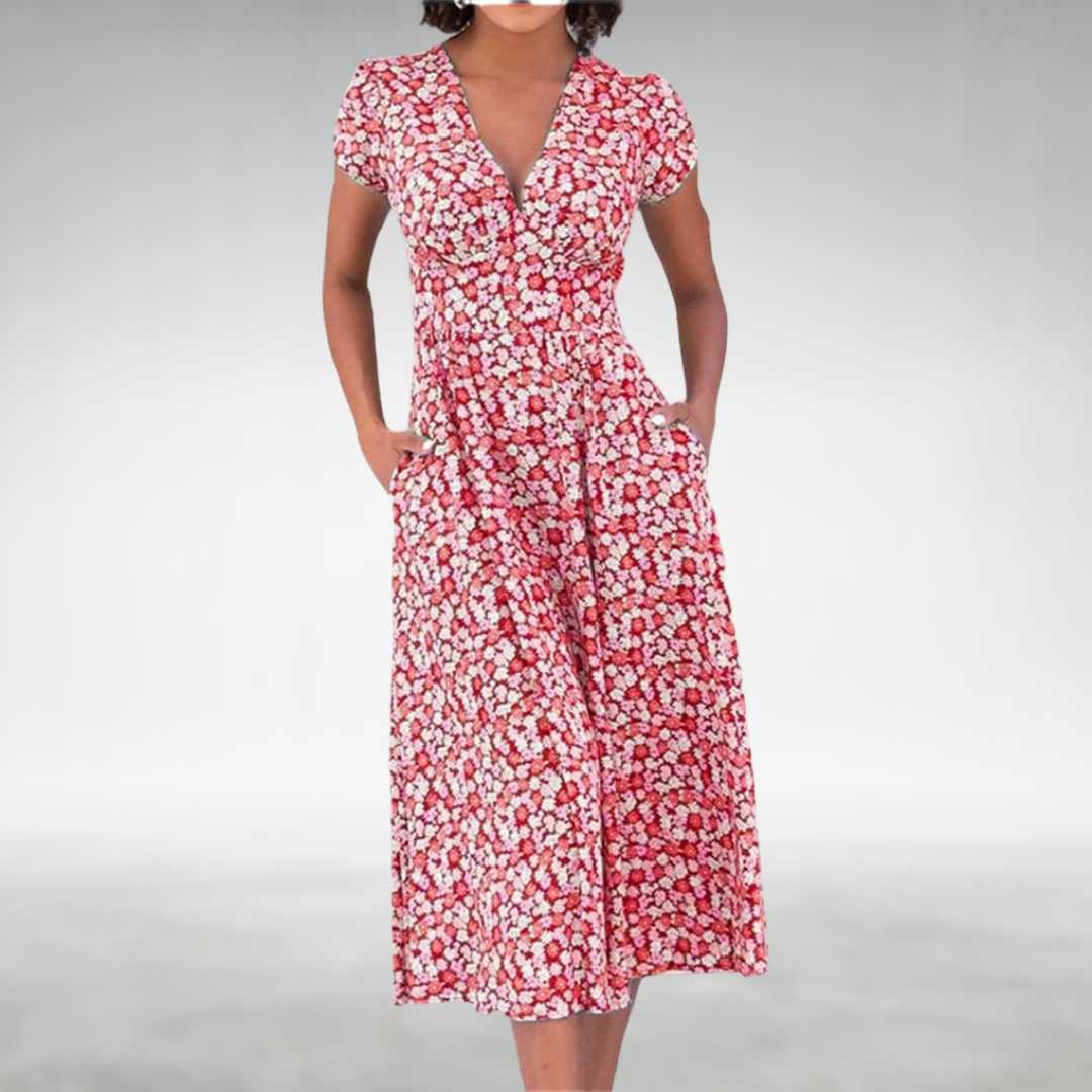 Sommerkleid Damen Blumen Midi Kleid mit V-Ausschnitt und Taschen