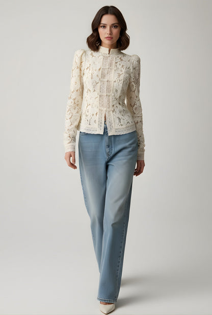 Elegante Spitzenbluse Damen Stehkragen Feminin