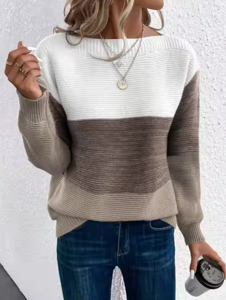 Elegante Patchwork Pullover Damen Modern Dreifarbig