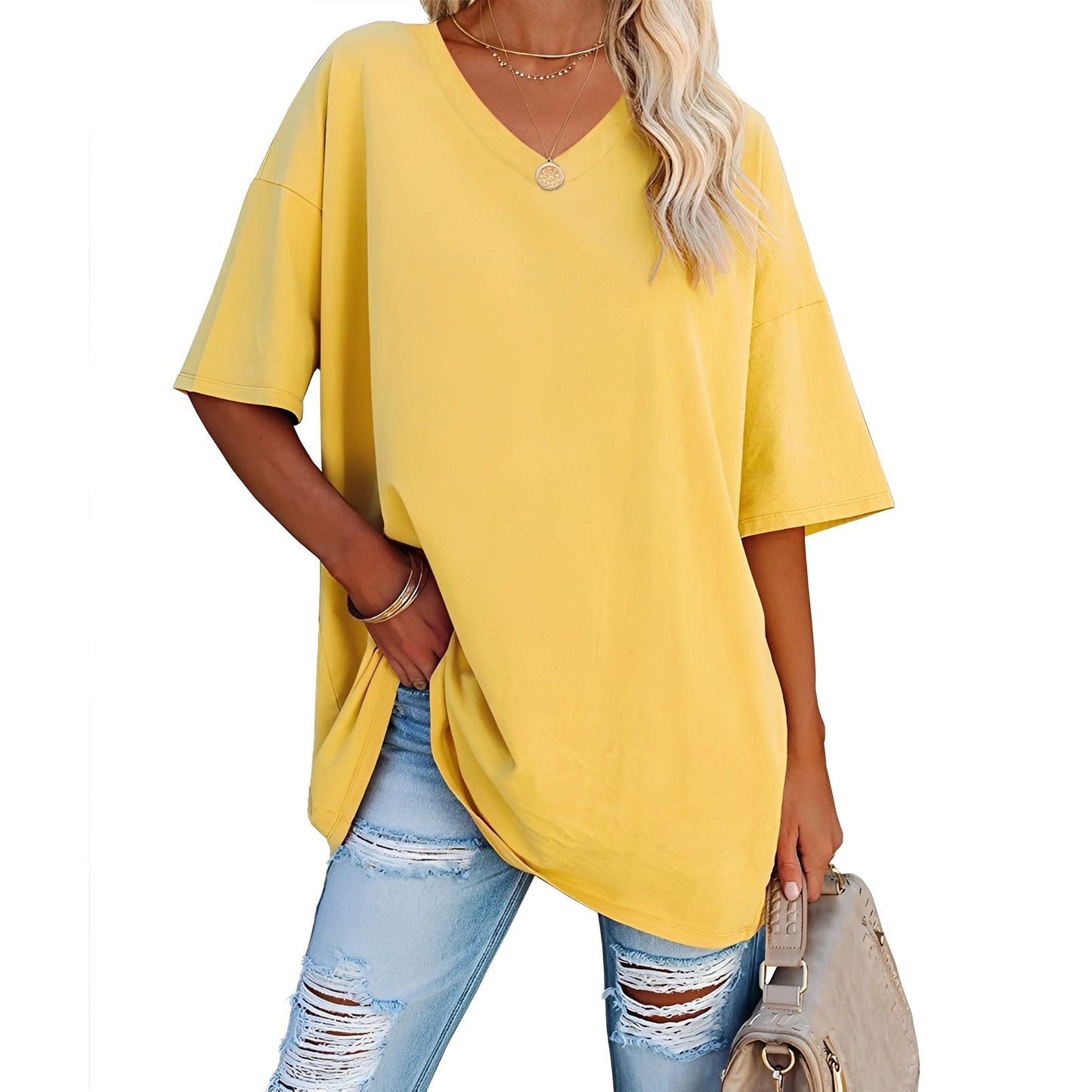 Damen Shirt V-Ausschnitt Lässig Locker Geschnitten