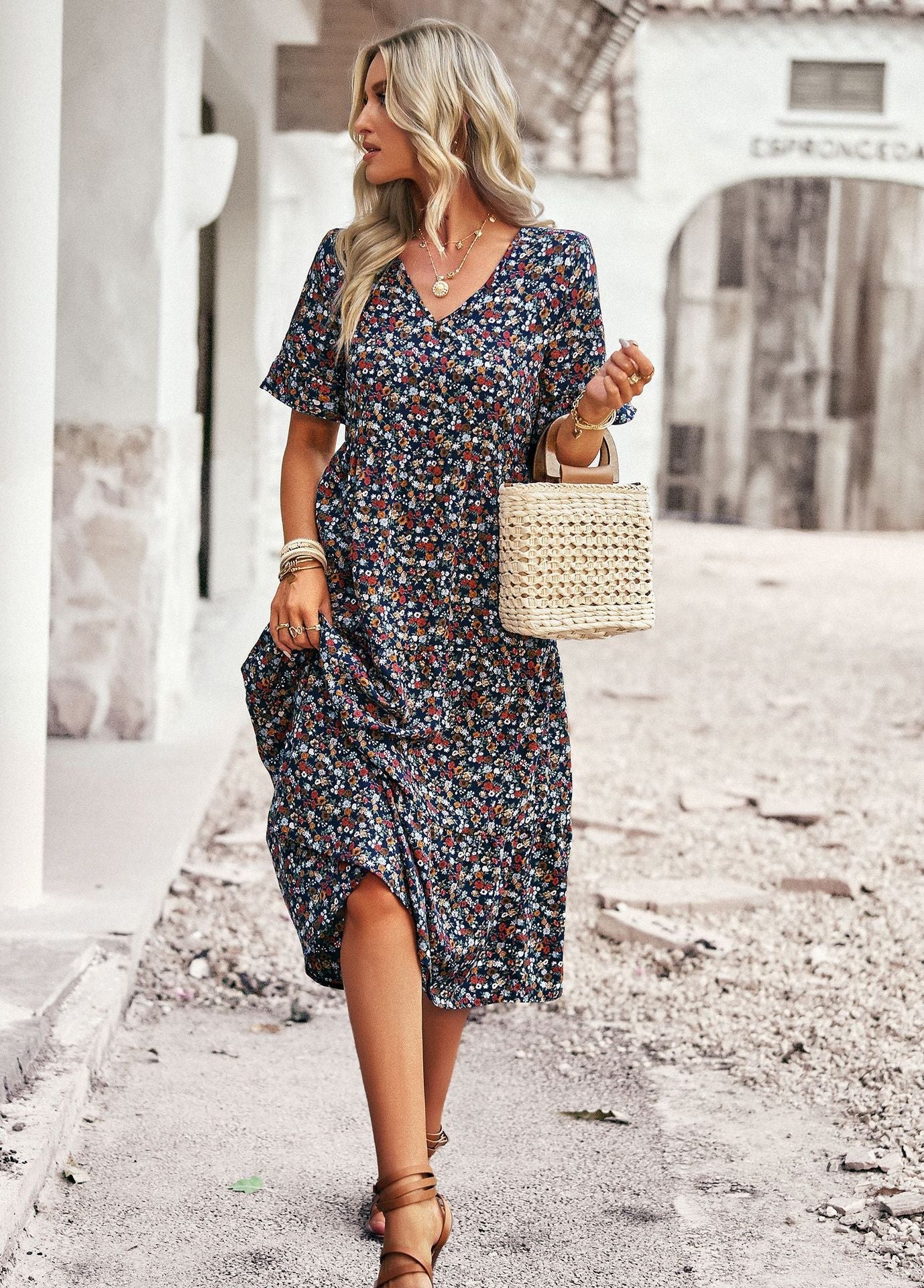 Damendress Blumenmuster Bequem Midilength Sommerkleid