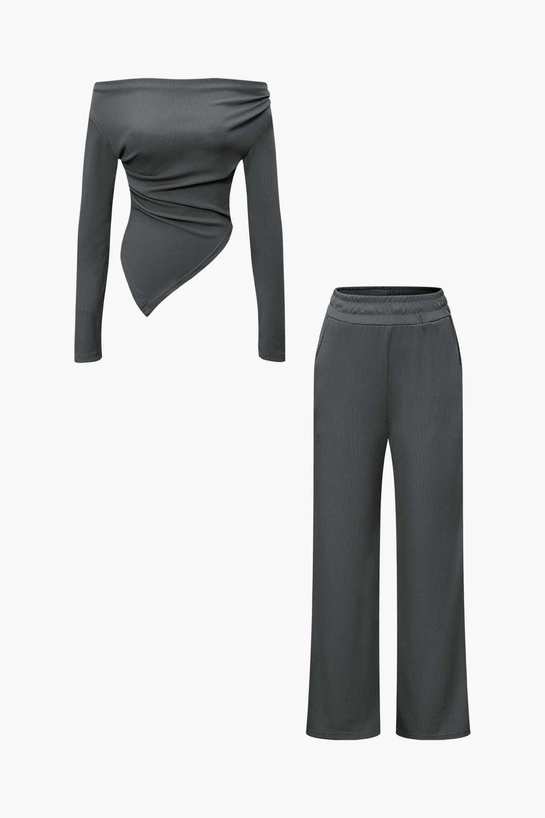 Elegantes Damen Zweiteiler Set Asymmetrisch mit Weiten Hosen