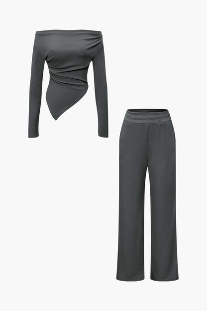 Elegantes Damen Zweiteiler Set Asymmetrisch mit Weiten Hosen