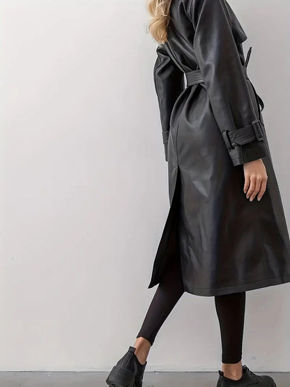 Damen Trenchcoat Lang Gürtetragend Kunstleder Schwarz
