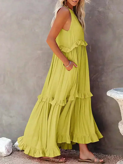Sommer Maxikleid mit Volants Neckholder Damenkleid