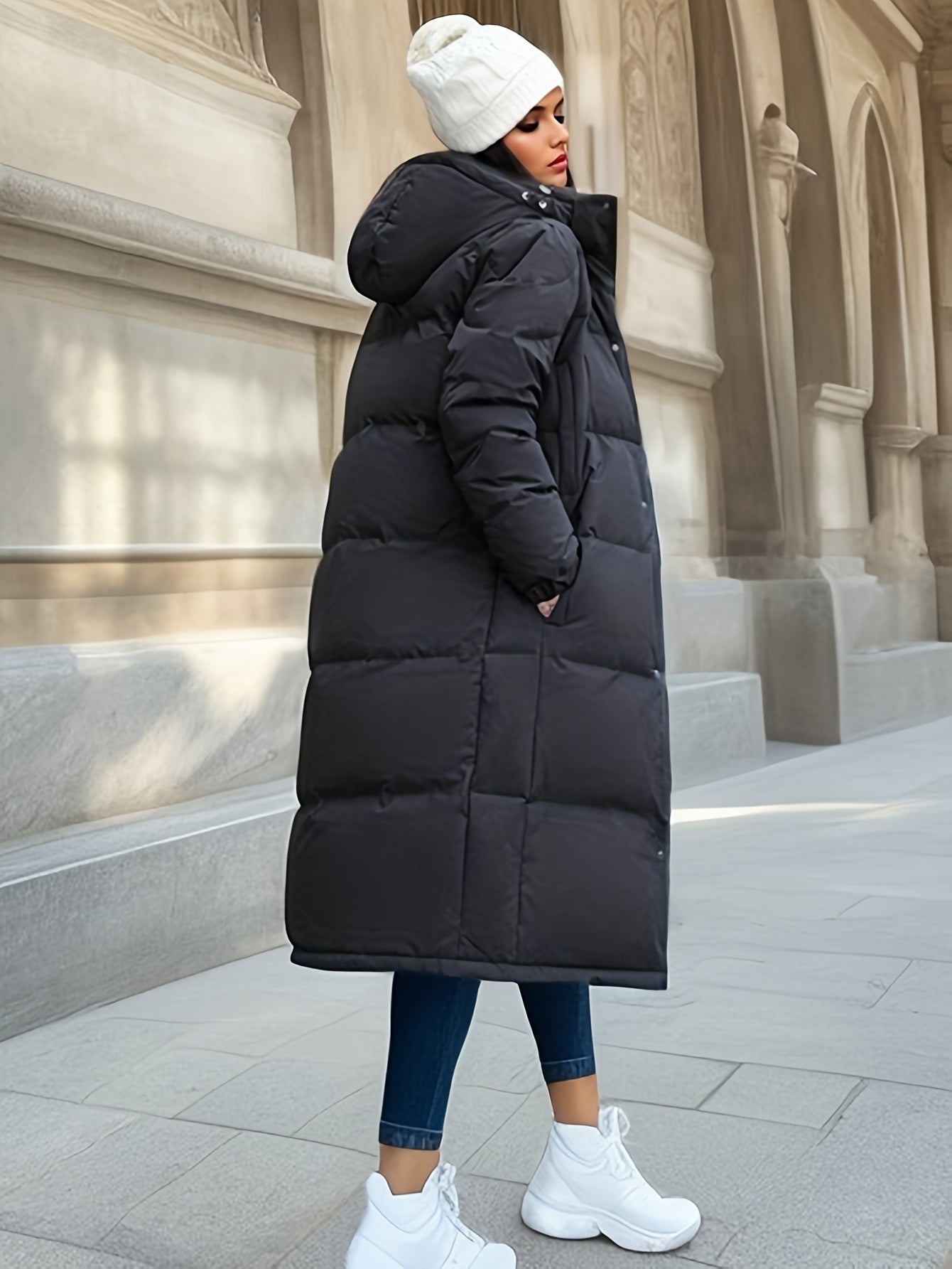 Wintermantel Damen Lang Pufferjacke mit Kapuze Warm
