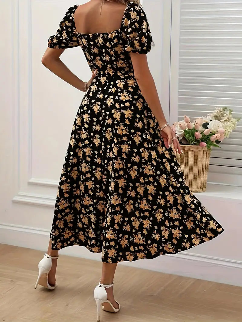 Schickes A-Linien-Kleid mit Puffärmeln Blumendruck Damenkleid
