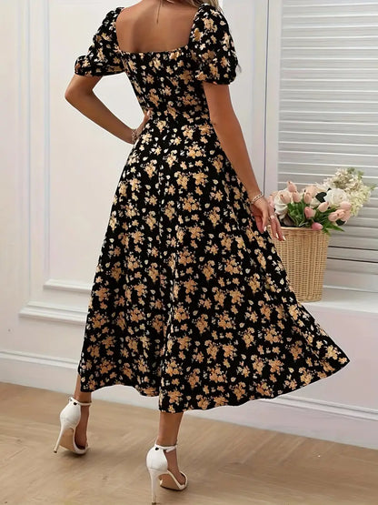 Schickes A-Linien-Kleid mit Puffärmeln Blumendruck Damenkleid