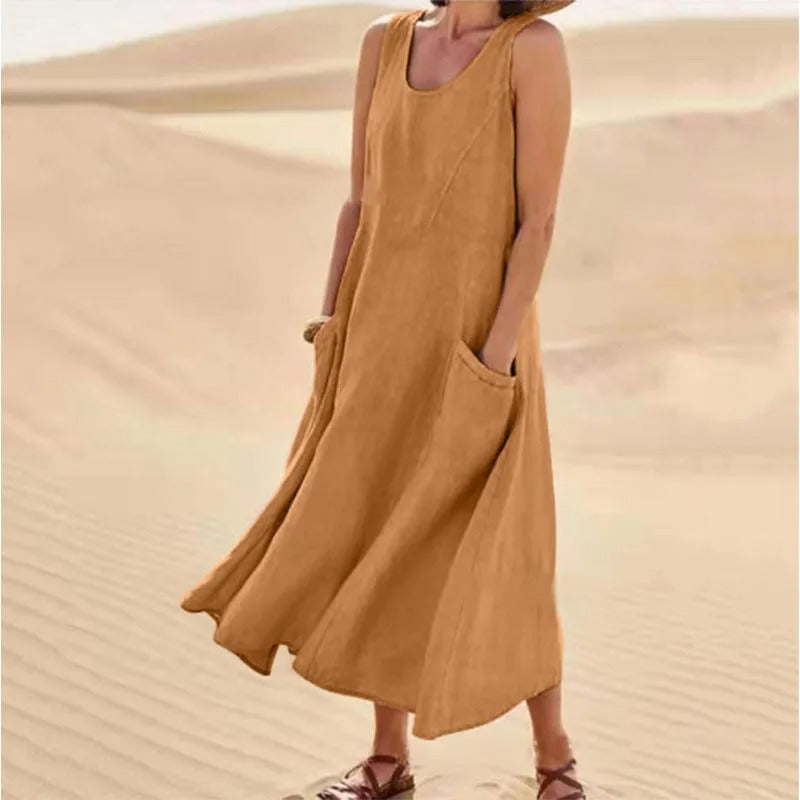 Leinenkleid Damen Ärmellos Sommerkleid mit Taschen