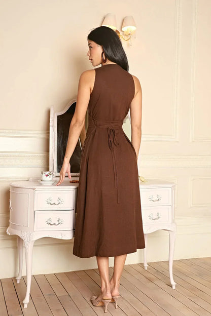 Braunes Leinenkleid Ärmellos Damen Midikleid Figurbetonter Stil