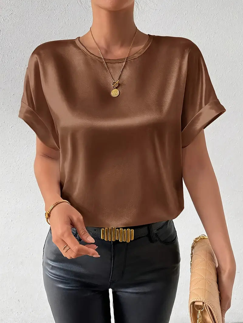 Damen T-Shirt Satin Optik Umschlag Ärmel Elegantes Design