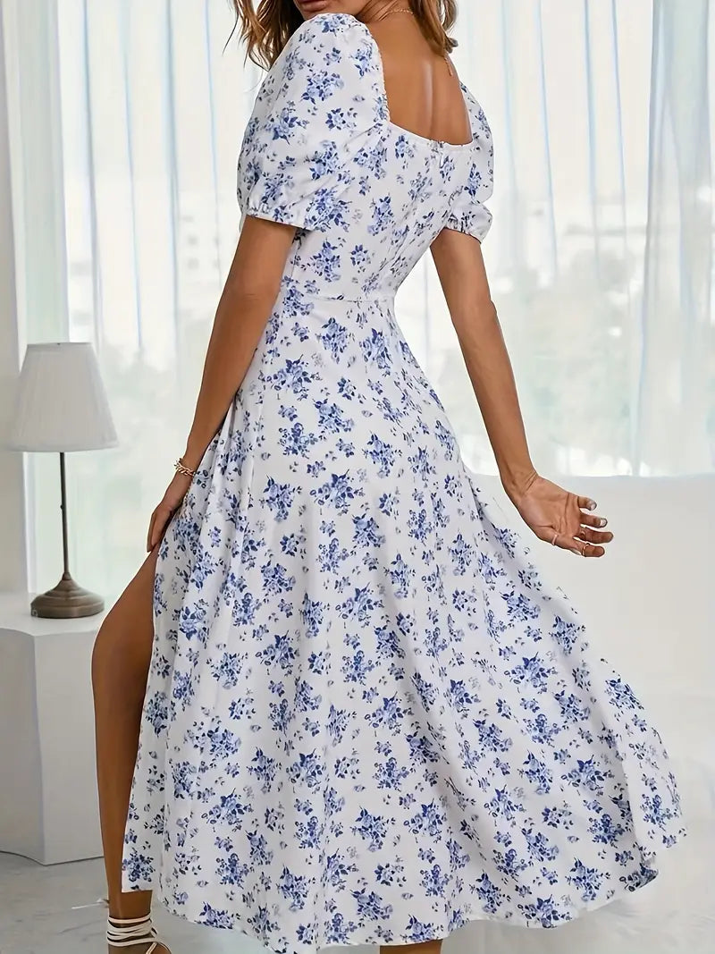 Schickes A-Linien-Kleid mit Puffärmeln Blumendruck Damenkleid - BerlinGlamour