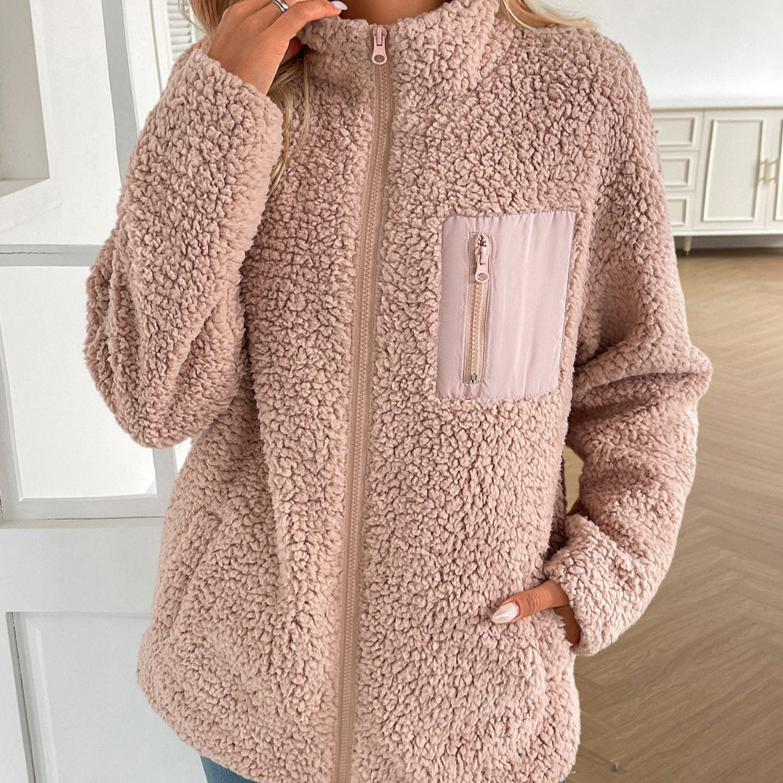 Fuzzy Jacke Damen Warm Winterlich Lässig Zip Up