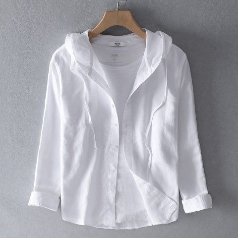 Herren Leinenshirt Langarm mit Kapuze Casual Bequem