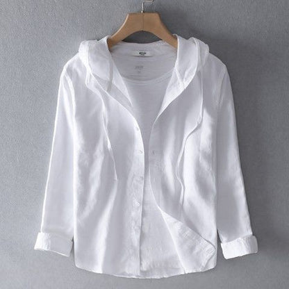 Herren Leinenshirt Langarm mit Kapuze Casual Bequem