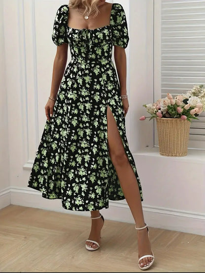 Schickes A-Linien-Kleid mit Puffärmeln Blumendruck Damenkleid
