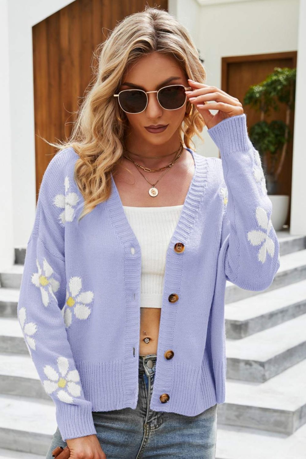 Floral Cardigan Damen Großkaros Drop Schulter