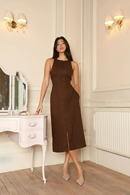 Braunes Leinenkleid Ärmellos Damen Midikleid Figurbetonter Stil - BerlinGlamour