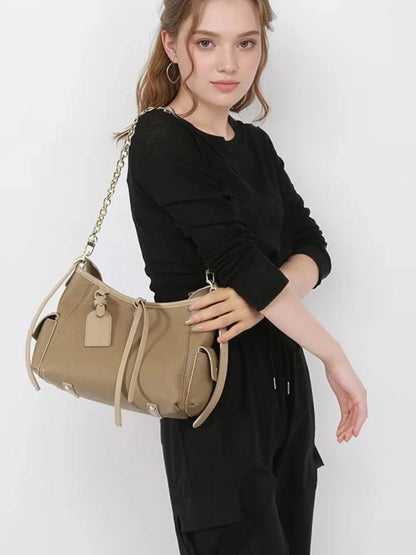 Leder Schultertasche mit Kettenakzent Echtleder Schwarz