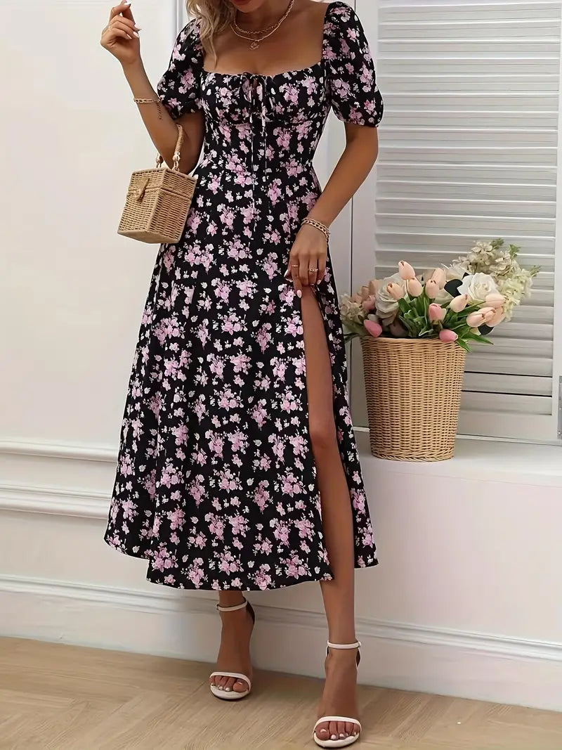 Schickes A-Linien-Kleid mit Puffärmeln Blumendruck Damenkleid