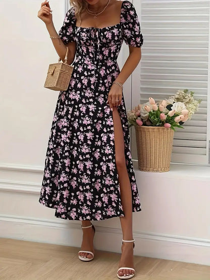 Schickes A-Linien-Kleid mit Puffärmeln Blumendruck Damenkleid