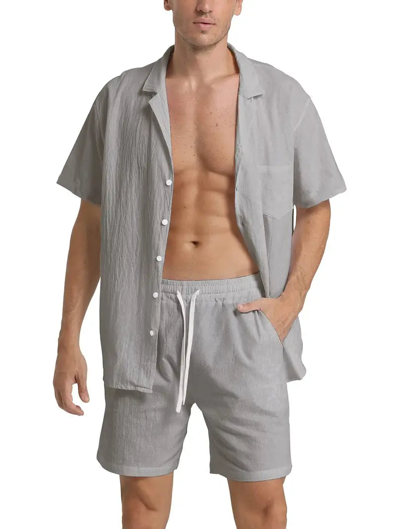 Herren Leinenanzug Atmungsaktiv 2-teilig Hemd Hose