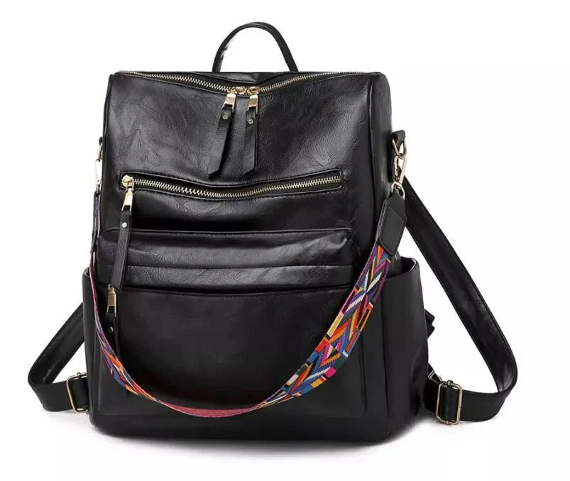 Leder Rucksack Elegant Damen Schultertásche Schwarz