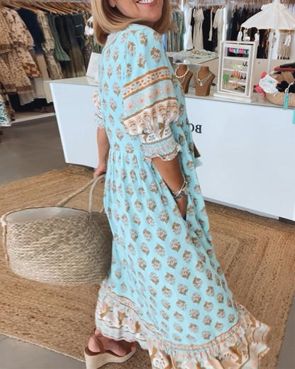 Damen Midi-Kleid Bedruckt V-Ausschnitt Sommerkleid