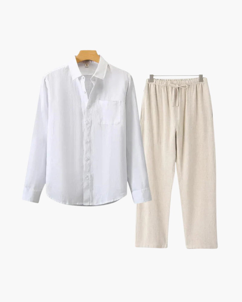 Herren Leinenanzug Sommer Zweiteiler Langarm Hose Hemd Set