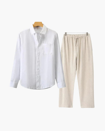 Herren Leinenanzug Sommer Zweiteiler Langarm Hose Hemd Set