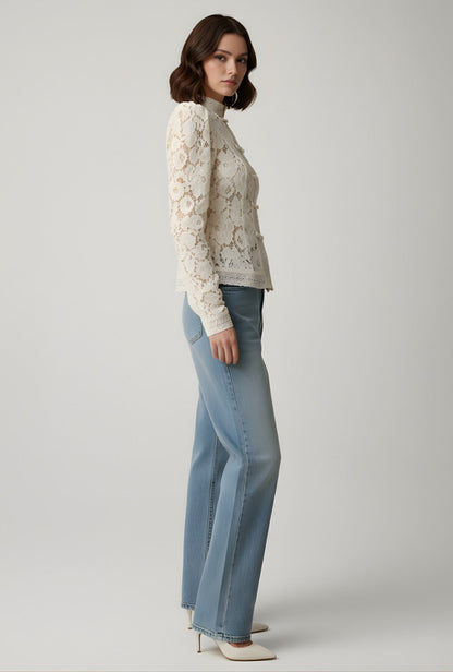 Elegante Spitzenbluse Damen Stehkragen Feminin