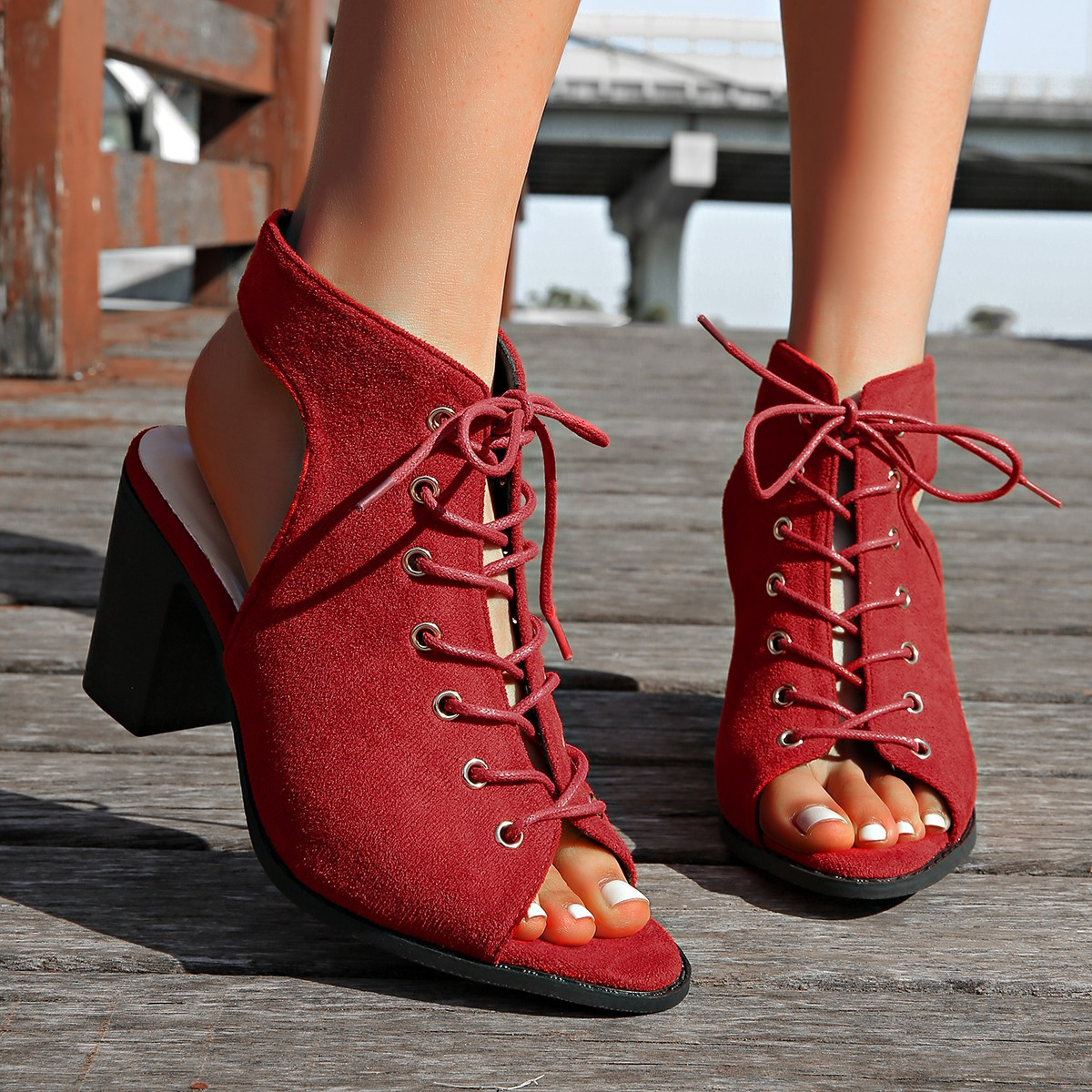 Damenschuhe High Heel Sandalen Blockabsatz Schnürsenkel
