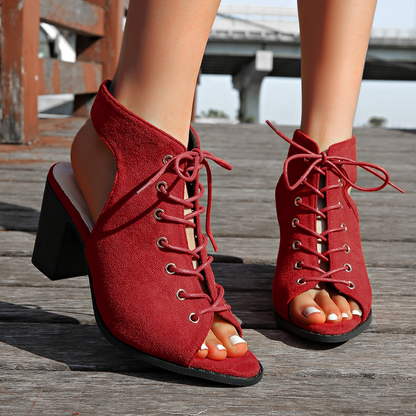 Damenschuhe High Heel Sandalen Blockabsatz Schnürsenkel