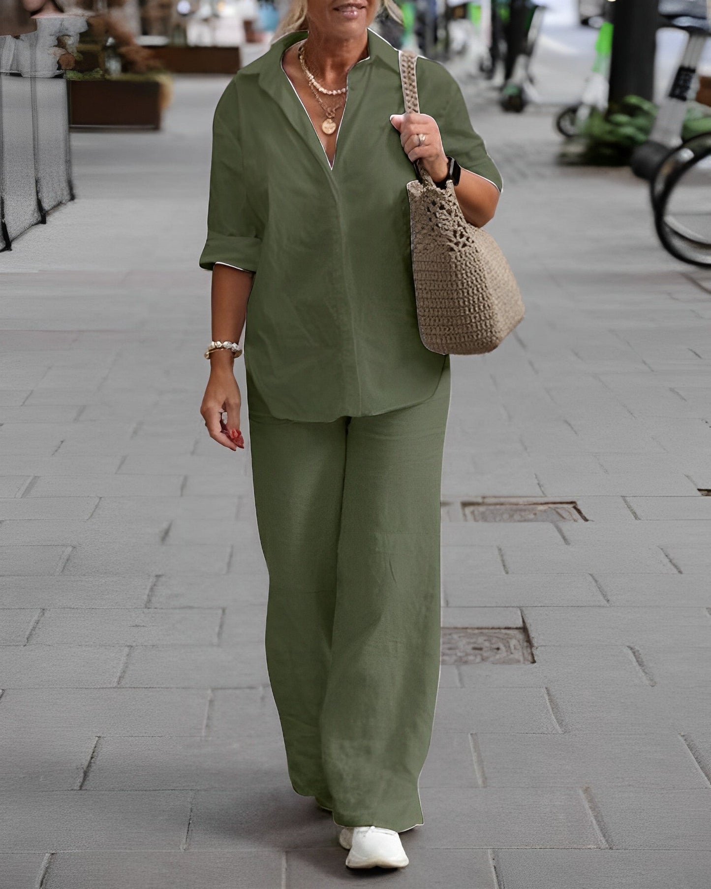 Damen Leinen Set Bequem Sommer Mit Taschen - BerlinGlamour