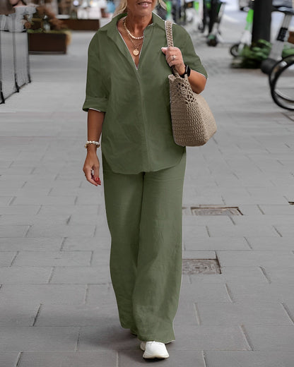 Damen Leinen Set Bequem Sommer Mit Taschen - BerlinGlamour