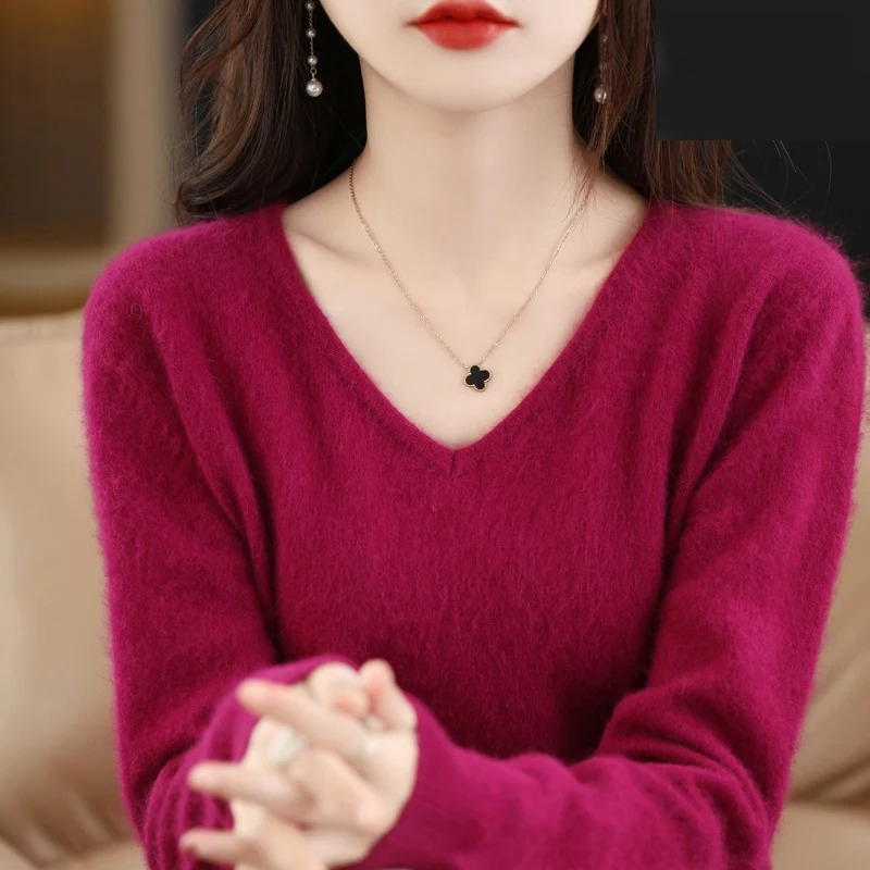 Damen Pullover V-Ausschnitt Weich Leichter Strick