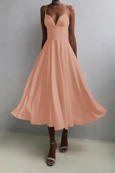 Elegantes Damenkleid Midi Spaghettiträger Abendkleid