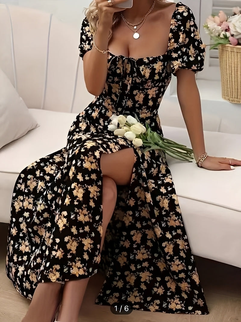 Kleid Damen Blumenmuster mit Schlitz Modern