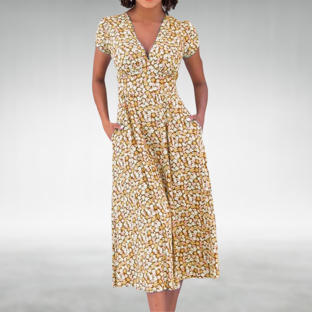 Sommerkleid Damen Blumen Midi Kleid mit V-Ausschnitt und Taschen