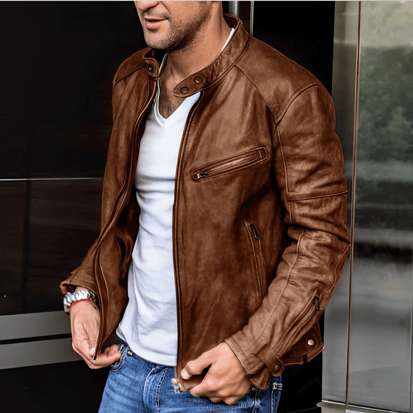 Lederjacke Männer Stylisch Schnitt Schwarz