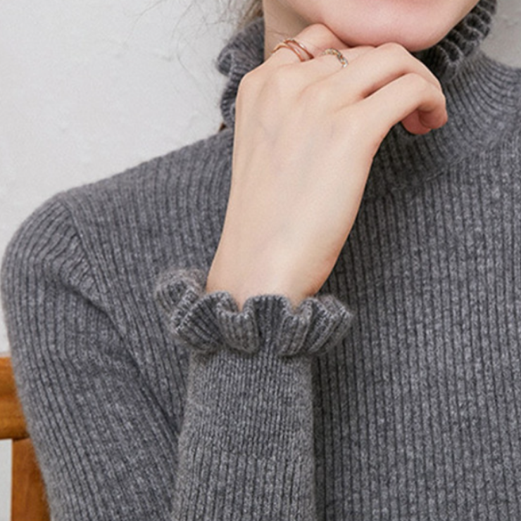 Damen Strickpullover Rollkragen Weich Rüschendetails
