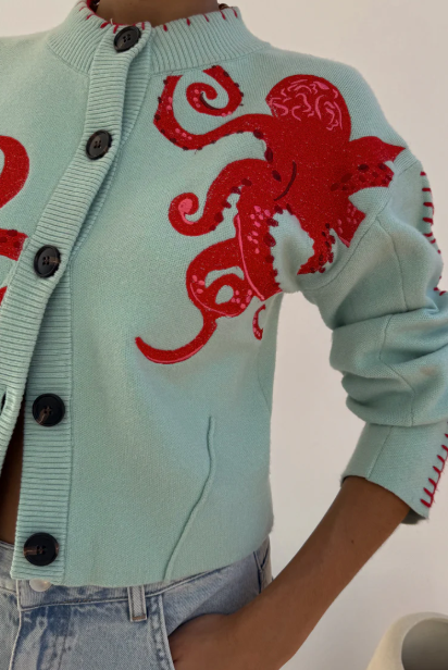 Maritime Strickjacke Oktopus Motiv Kontrast