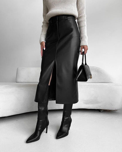 Lederrock Damen Midi Elegant Schlitzrock Schwarz - BerlinGlamour