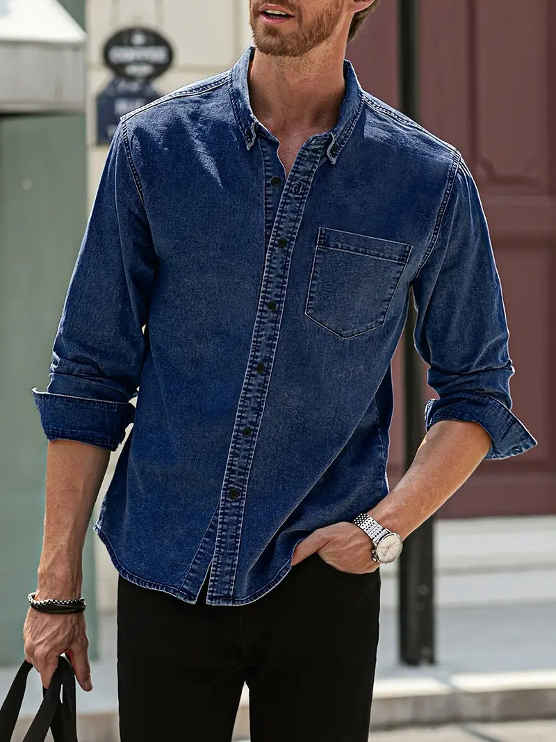 Herren Hemd Denim Blau Langarm Klassisch