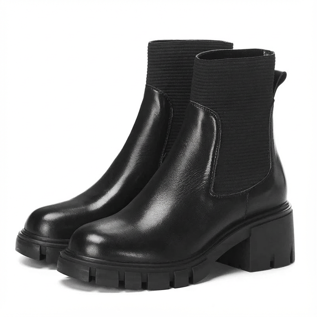 Rindsleder Stiefel Chelsea Boots mit Blockabsatz Schwarz - BerlinGlamour