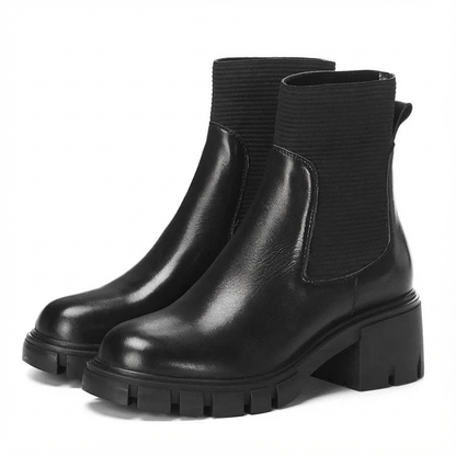 Rindsleder Stiefel Chelsea Boots mit Blockabsatz Schwarz - BerlinGlamour