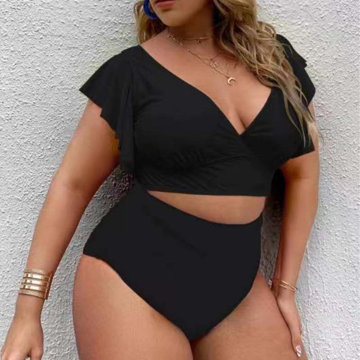 Badeanzug Groß Größe Hochtaille Rüschendruck Damen
