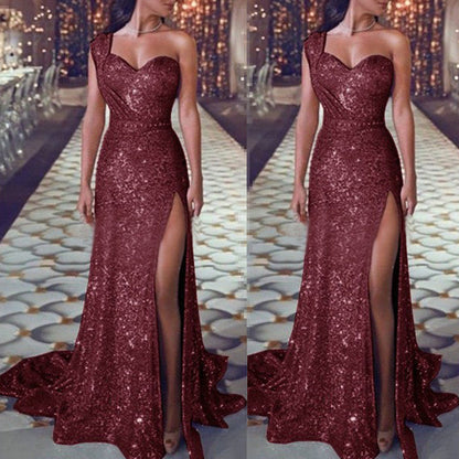 Lydia: Ärmelloses One-Shoulder-Kleid mit Bronzing-Effekt und Beinschlitz