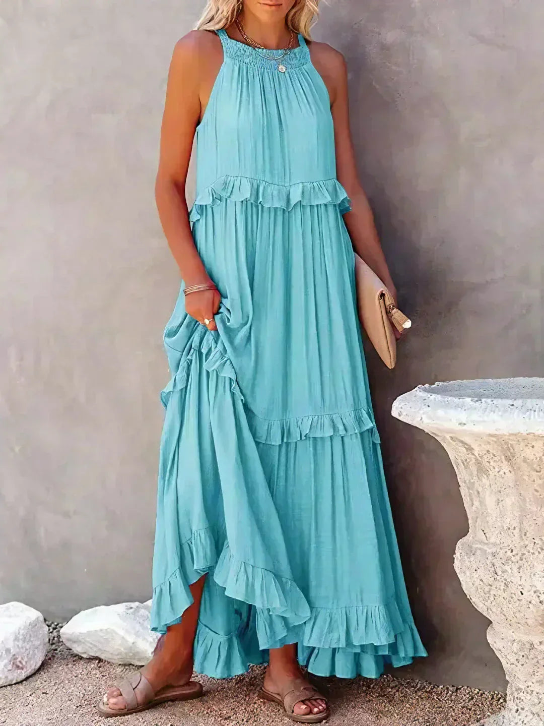 Sommer Maxikleid mit Volants Neckholder Damenkleid